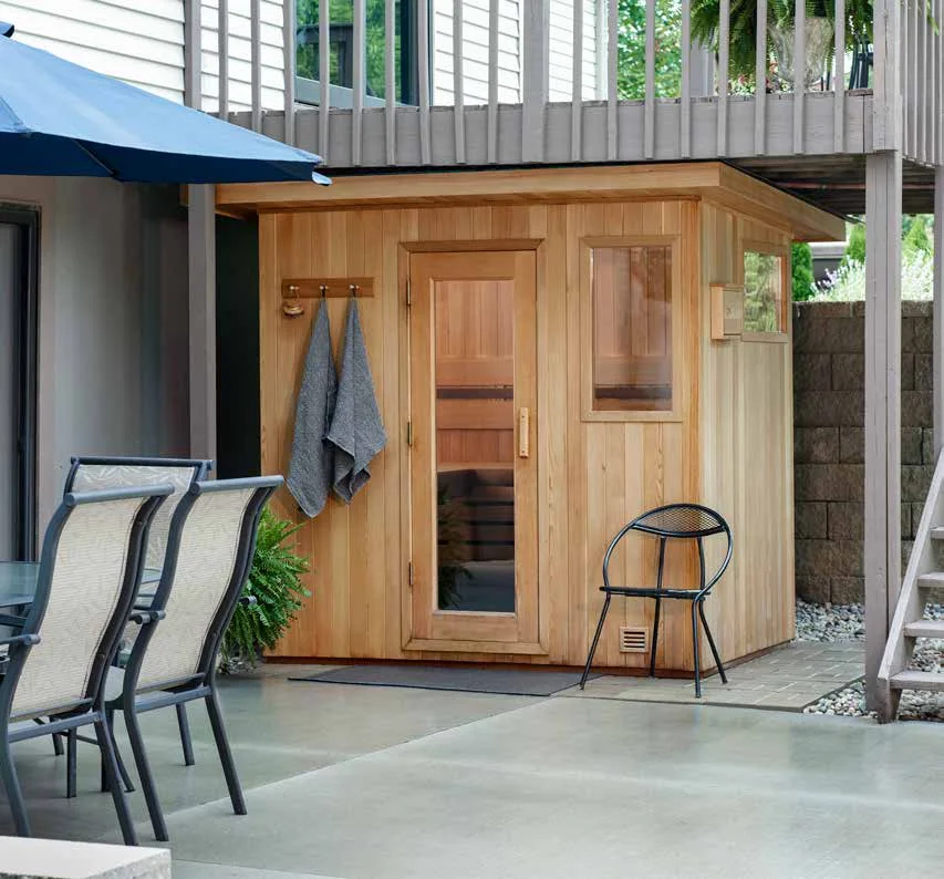 Modernista: An outdoor modular sauna in classic Western red cedar, with windows that bring in natural light.